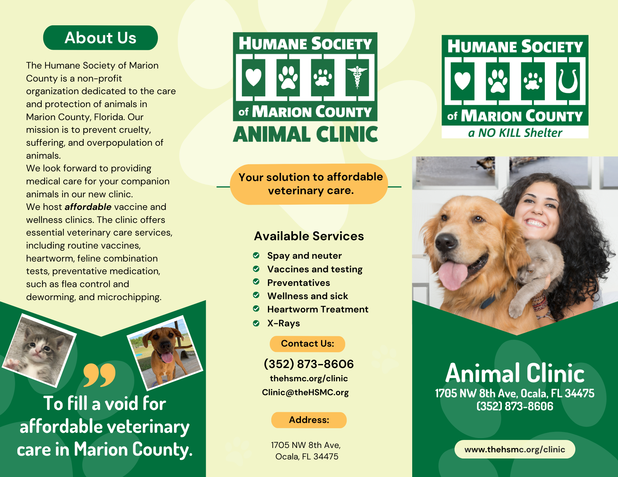 HSMC Animal Clinic brochure — about us, available services, and contact information