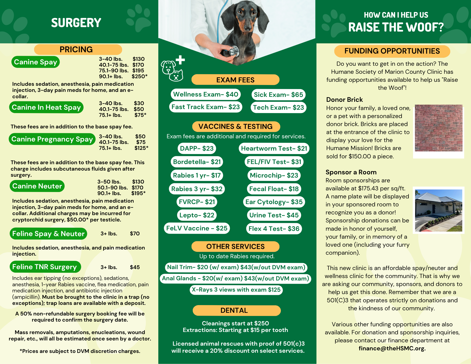 HSMC Animal Clinic brochure — surgery pricing, exam fees, vaccines, and funding opportunities