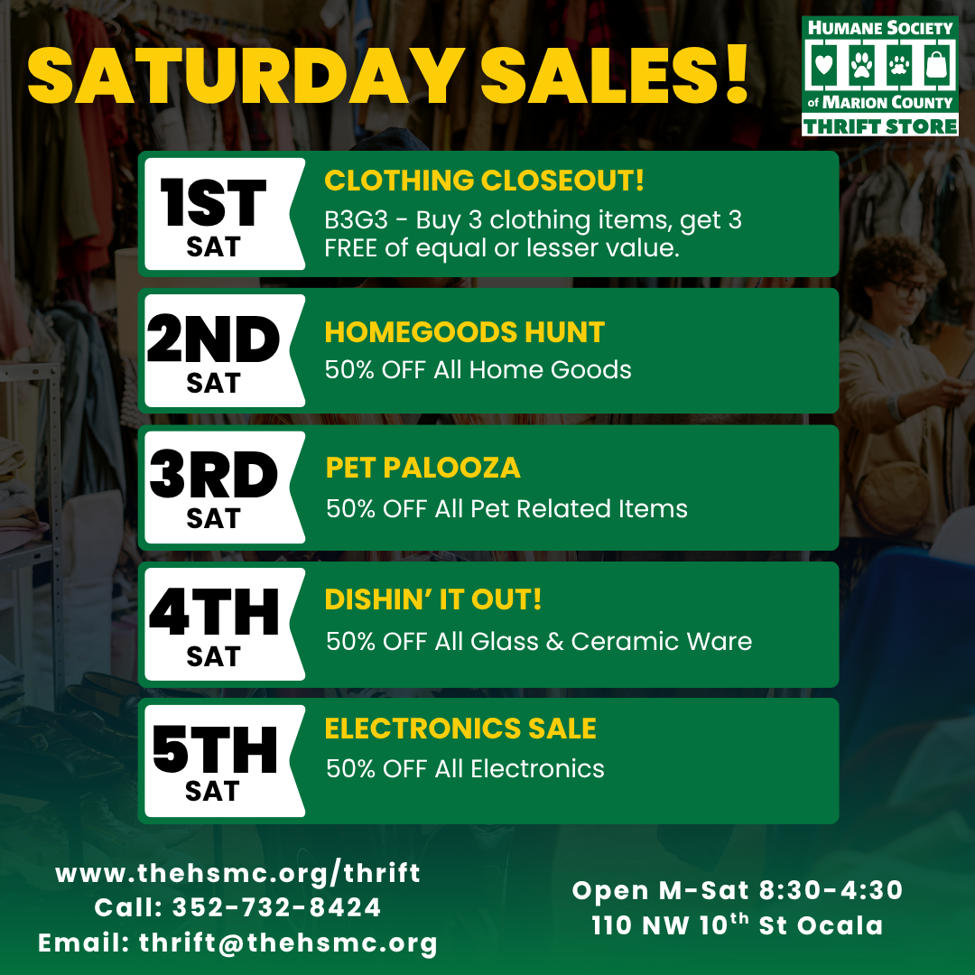 HSMC Thrift Store Saturday Sales — weekly themed deals including Clothing Closeout, Homegoods Hunt, Pet Palooza, and more.