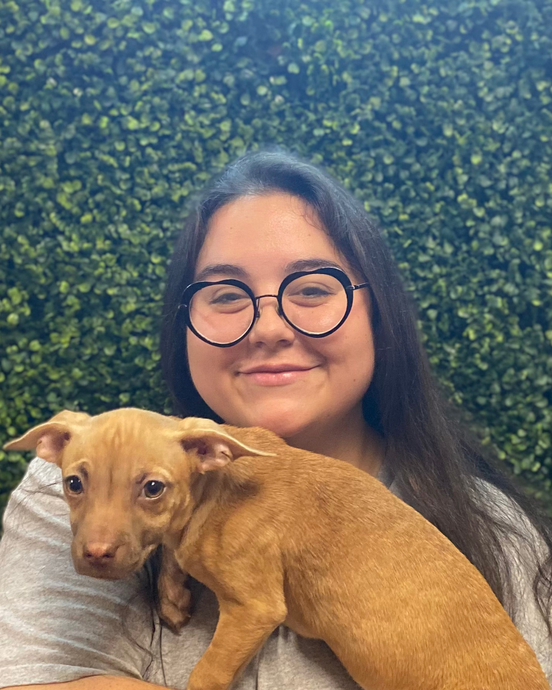 Bree Wolfe, Intake Coordinator, holding a tan puppy in front of a green hedge wall.